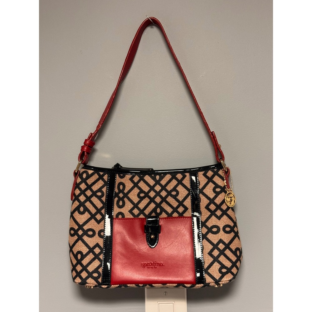 Spartina 449 Woven Linen Shoulder Bag Red Leather Black Patent Geometric Lattice